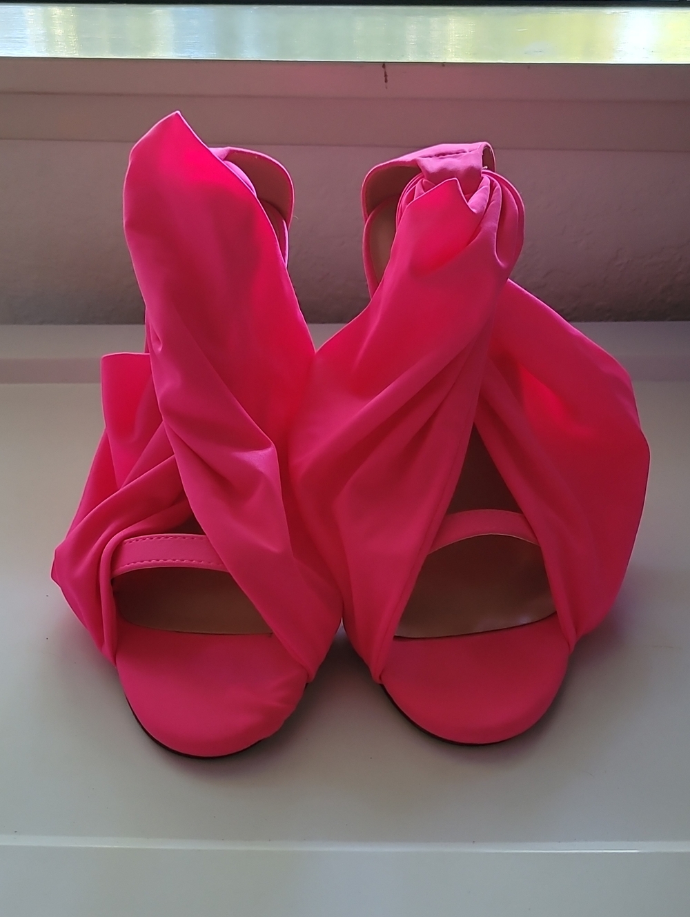 LEMON DROP Hot Pink Draped Open-Toe Heels NEW
